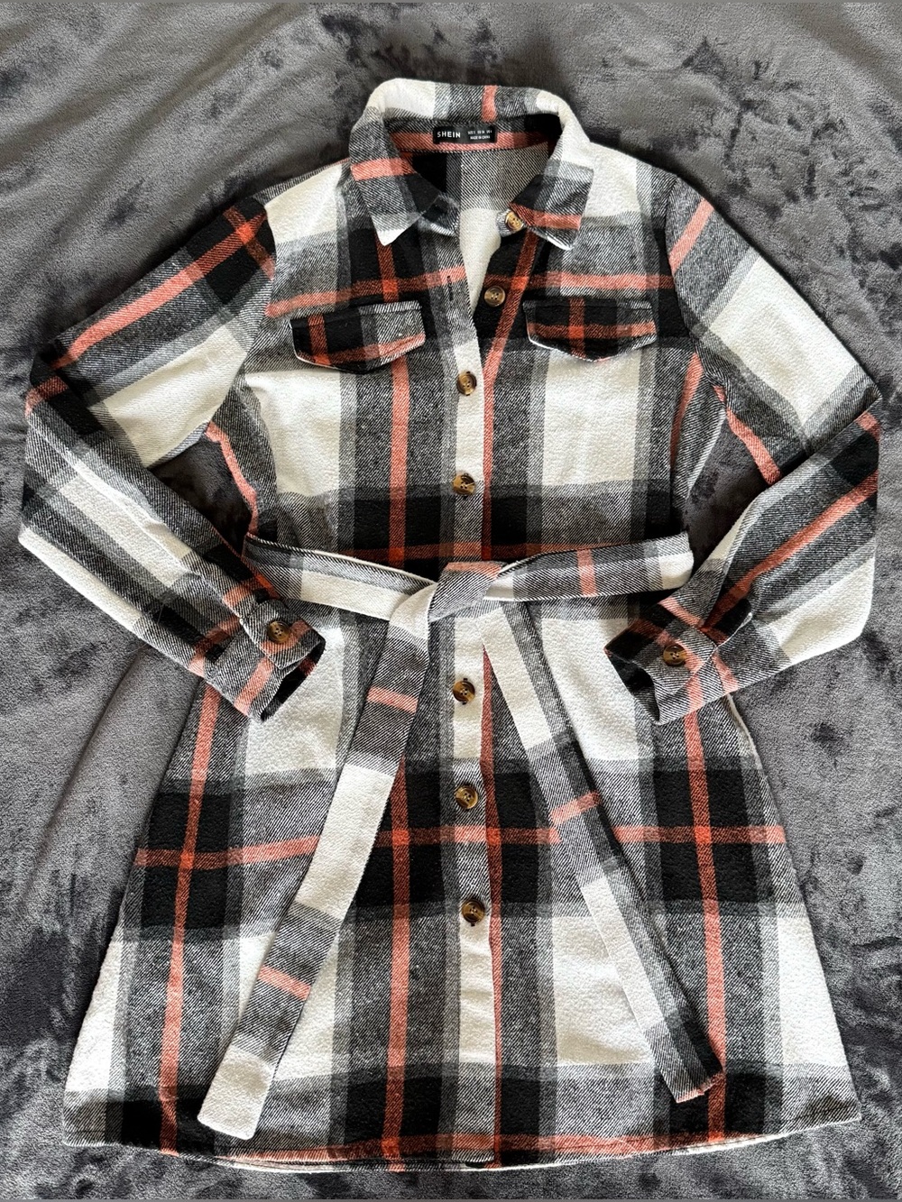 Flannel Button-Front Belted Dress in Black, White & Rust